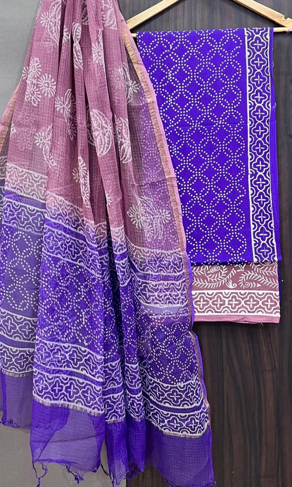 Premium Hand Block Print Pure Cotton Suit With Pure Cotton Kota Doria Dupatta - Leheriya