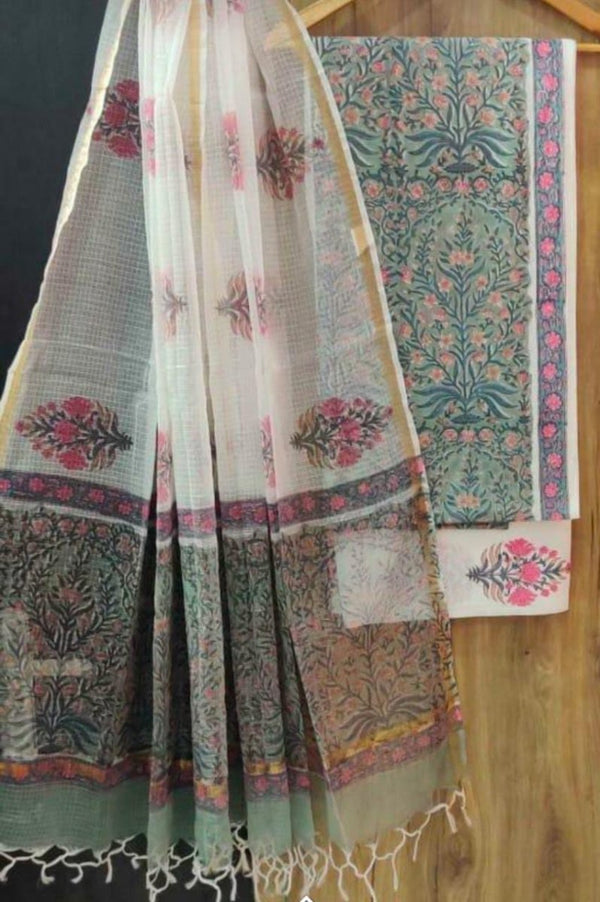 Premium Hand Block Print Pure Cotton Suit With Pure Cotton Kota Doria Dupatta - Leheriya