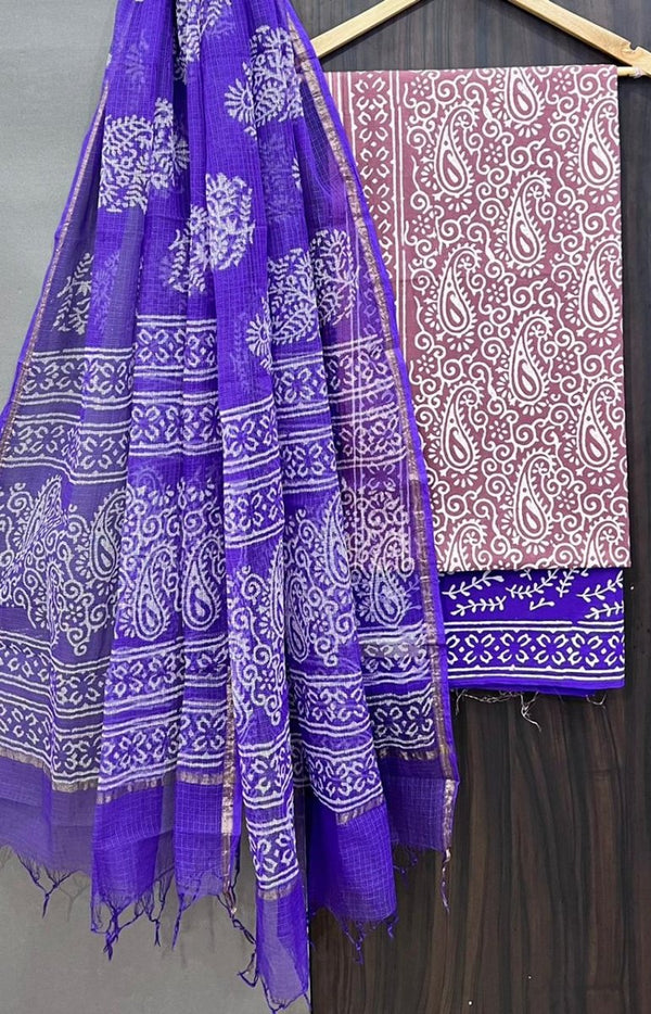 Premium Hand Block Print Pure Cotton Suit With Pure Cotton Kota Doria Dupatta - Leheriya