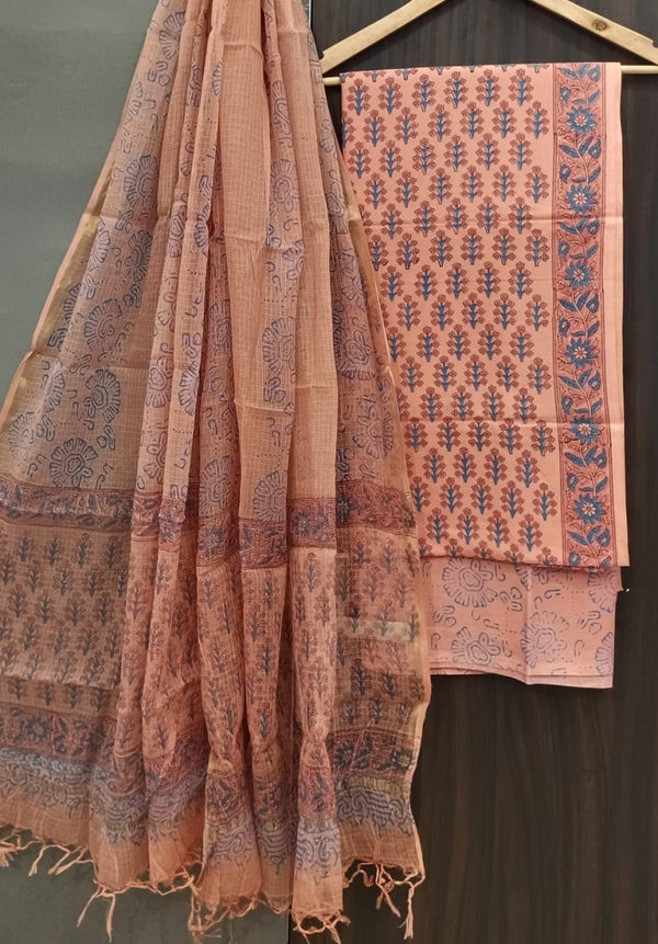 Premium Hand Block Print Pure Cotton Suit With Pure Cotton Kota Doria Dupatta - Leheriya