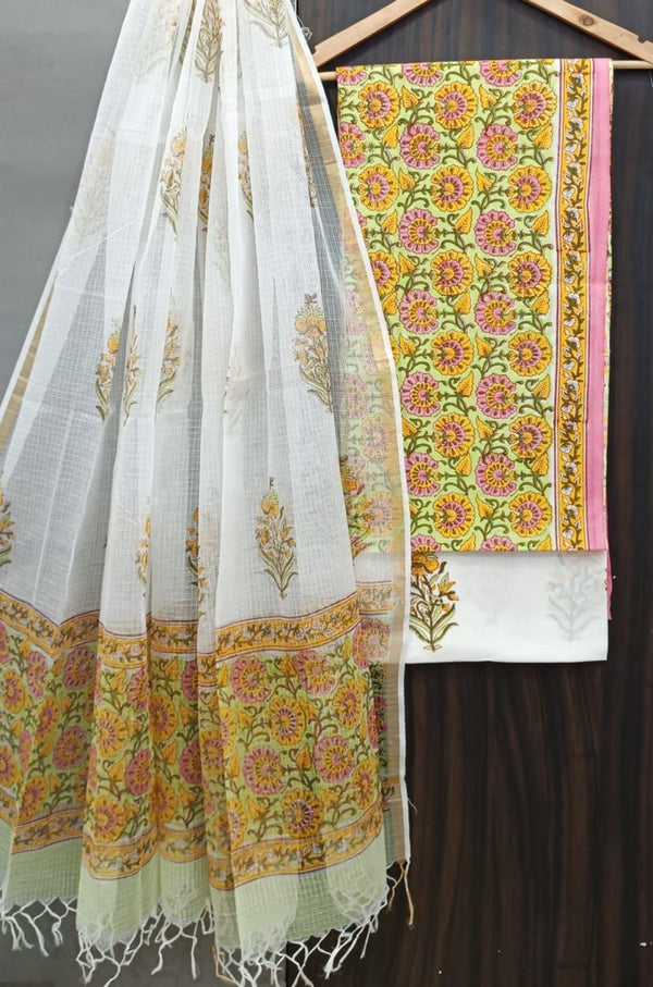 Premium Hand Block Print Pure Cotton Suit With Pure Cotton Kota Doria Dupatta - Leheriya