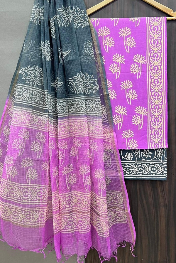 Premium Hand Block Print Pure Cotton Suit With Pure Cotton Kota Doria Dupatta - Leheriya