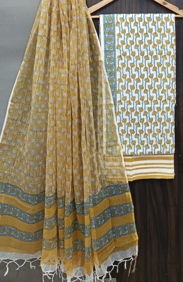 Premium Hand Block Print Pure Cotton Suit With Pure Cotton Kota Doria Dupatta - Leheriya