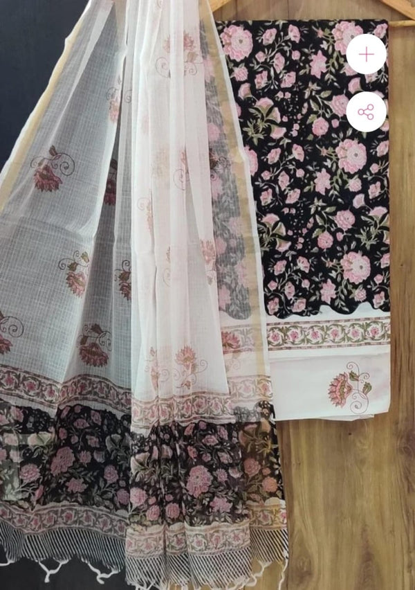 Premium Hand Block Print Pure Cotton Suit With Pure Cotton Kota Doria Dupatta - Leheriya