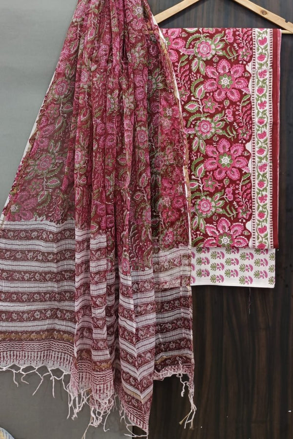 Premium Hand Block Print Pure Cotton Suit With Pure Cotton Kota Doria Dupatta - Leheriya