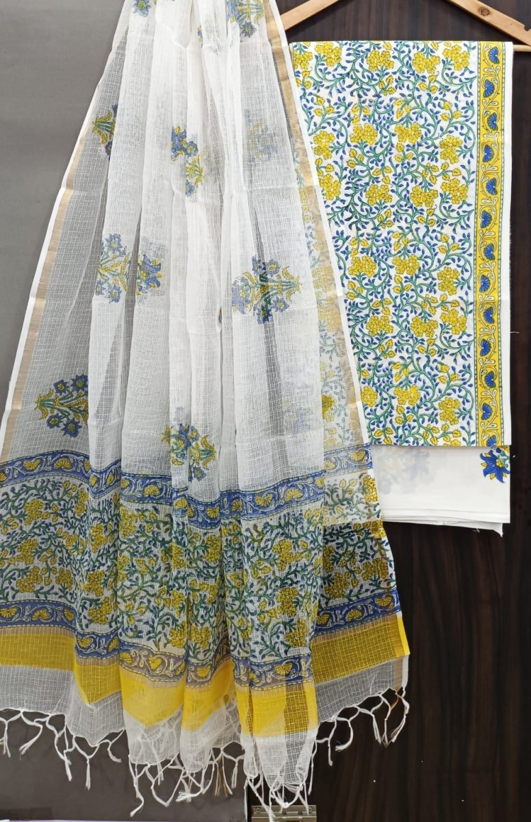 Premium Hand Block Print Pure Cotton Suit With Pure Cotton Kota Doria Dupatta - Leheriya