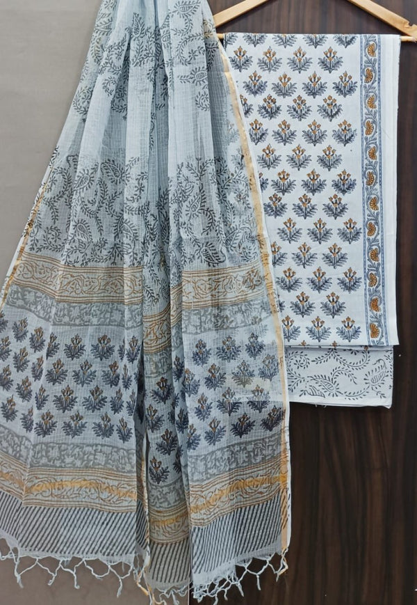 Premium Hand Block Print Pure Cotton Suit With Pure Cotton Kota Doria Dupatta - Leheriya