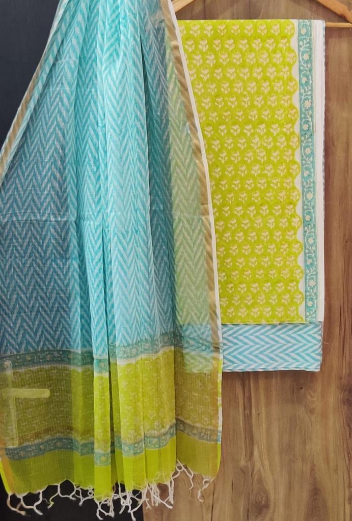 Premium Hand Block Print Pure Cotton Suit With Pure Cotton Kota Doria Dupatta - Leheriya