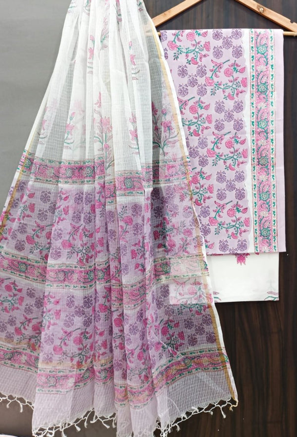 Premium Hand Block Print Pure Cotton Suit With Pure Cotton Kota Doria Dupatta - Leheriya