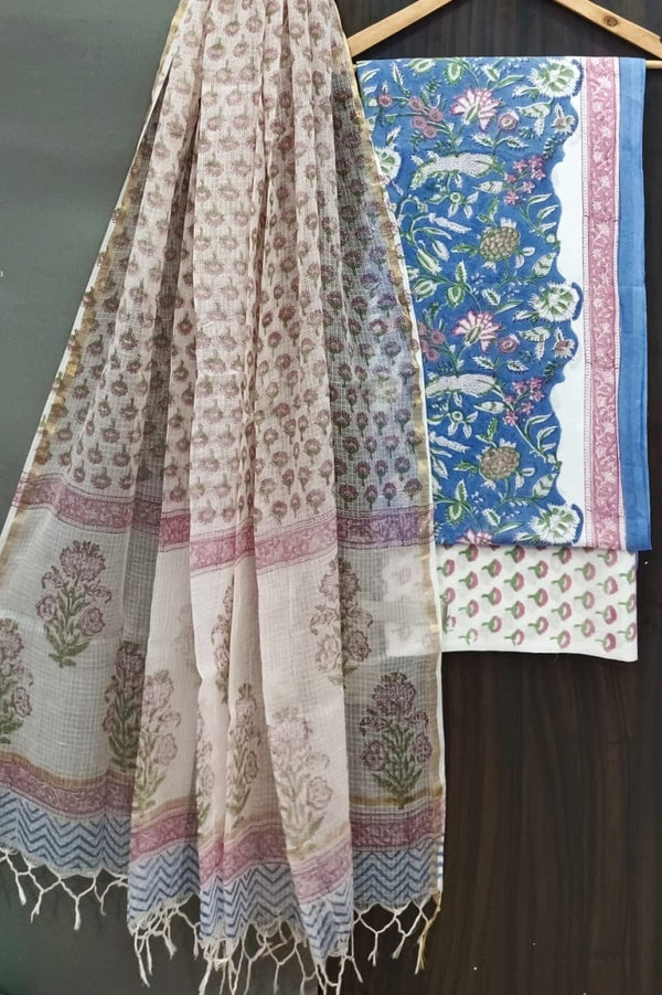 Premium Hand Block Print Pure Cotton Suit With Pure Cotton Kota Doria Dupatta - Leheriya