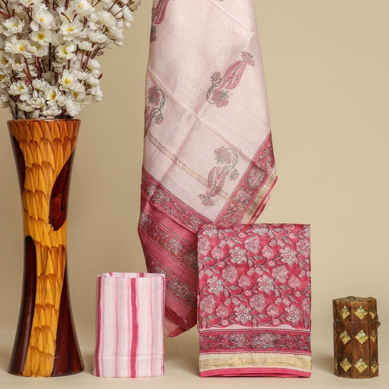 Premium Hand Block Print Pure Maheshwari Silk Unstitched Salwar Suit - Leheriya
