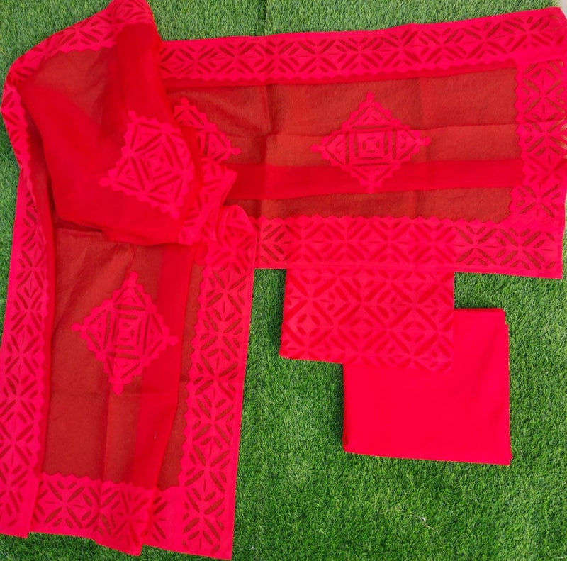 Premium Handcrafted Applique Work Pure Organdy Cotton Unstitched Salwar Suit - Leheriya