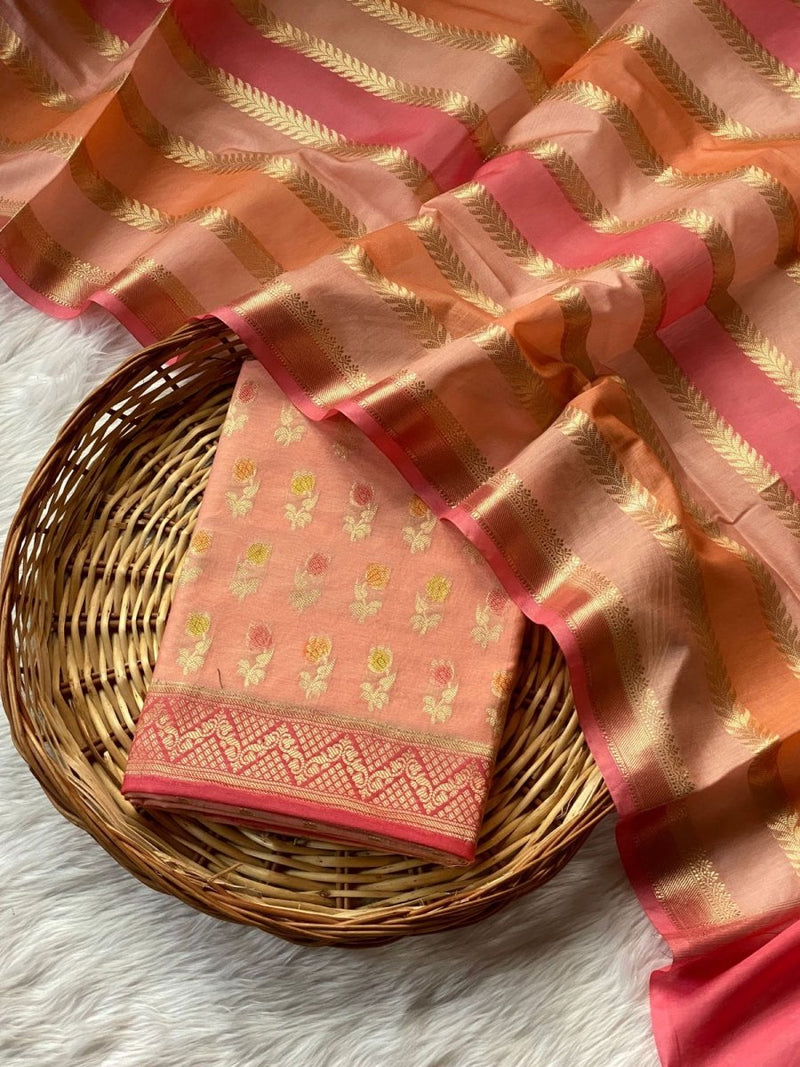 PURE BANARASI CHANDERI COTTON ZARI WEAVED BRUSH PAINTED SUIT | Soft Coral | - Leheriya