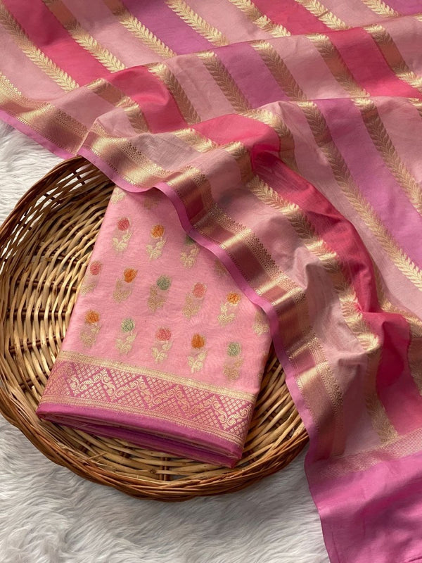 PURE BANARASI CHANDERI COTTON ZARI WEAVED BRUSH PAINTED SUIT | Soft Pink | - Leheriya