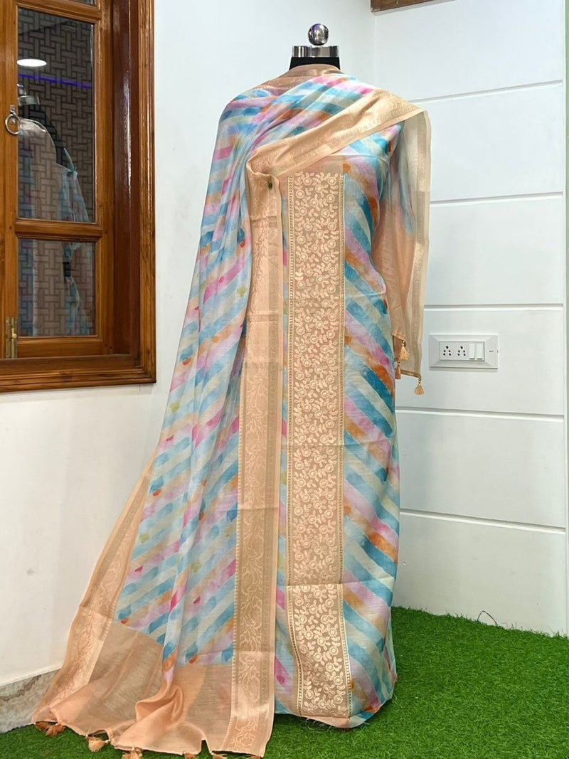 Pure Banarasi Chanderi Silk Unstitched Salwar Suit - Leheriya