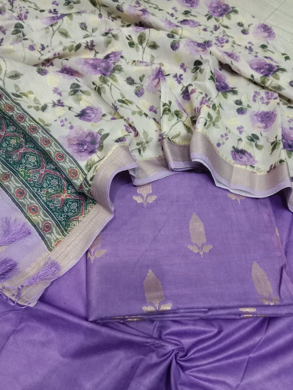 Pure Banarasi Chanderi Zari Booti Weaved Suit With Chanderi Silk Digital Print Dupatta - Leheriya