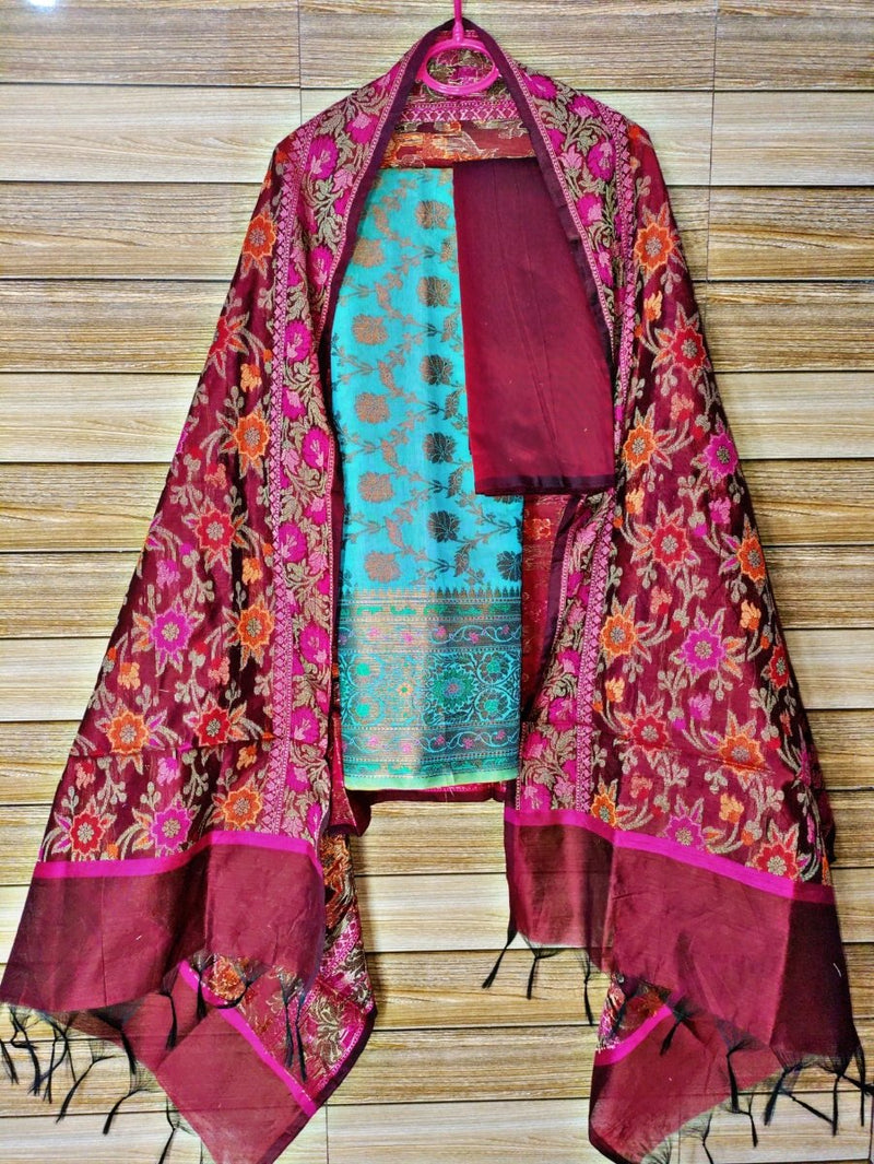 Pure Banarasi Cotton Silk Alfi Unstitched Salwar Suit - Leheriya