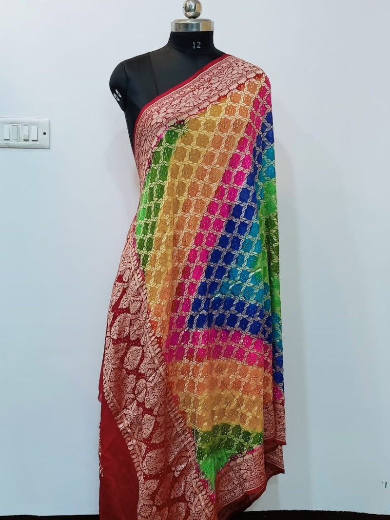 Pure Banarasi Georgette Silk Minakari Neem Zari Handloom Bandhani Dupatta | Multicolor | - Leheriya