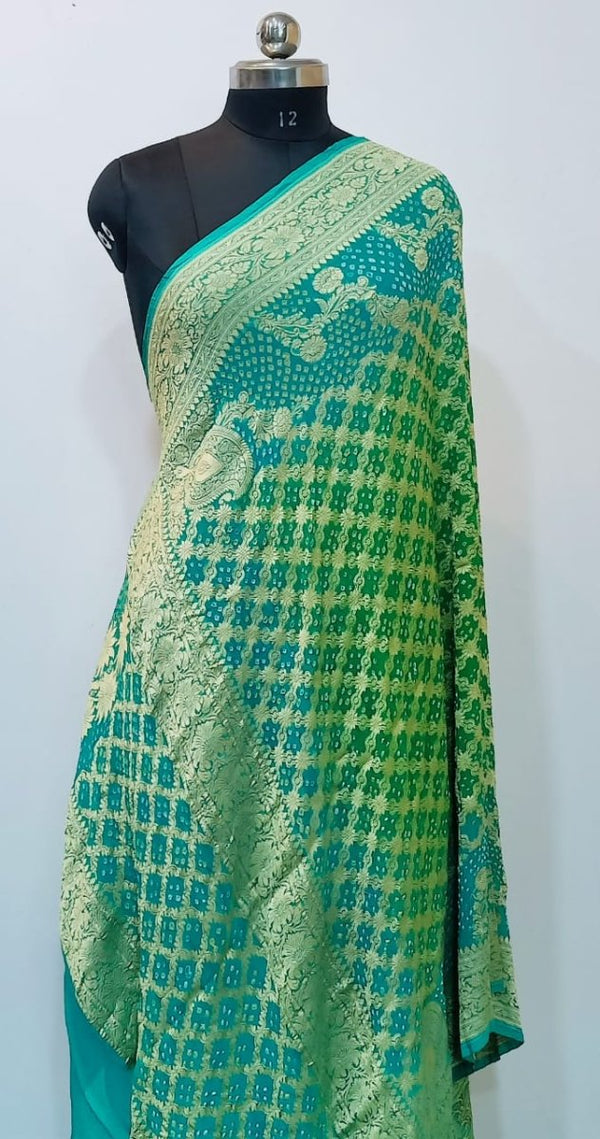 Pure Banarasi Georgette Silk Minakari Neem Zari Handloom Bandhani Dupatta | Parrot Green and Blue | - Leheriya