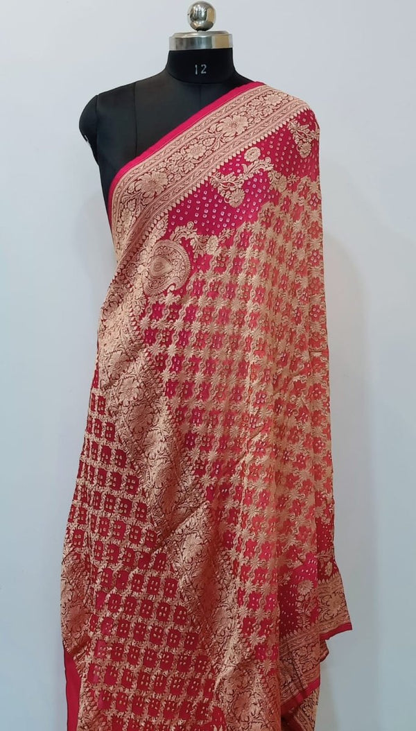 Pure Banarasi Georgette Silk Minakari Neem Zari Handloom Bandhani Dupatta | Peach Pink Shaded | - Leheriya