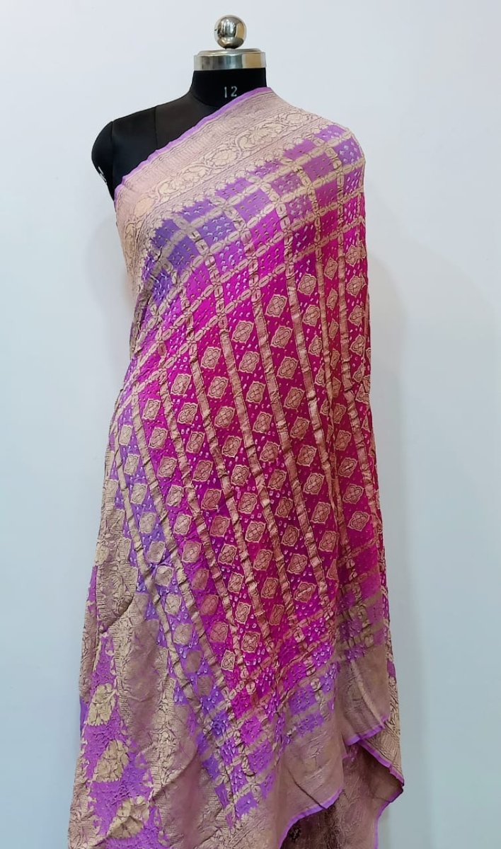 Pure Banarasi Georgette Silk Minakari Neem Zari Handloom Bandhani Dupatta | Purple & Pink | - Leheriya