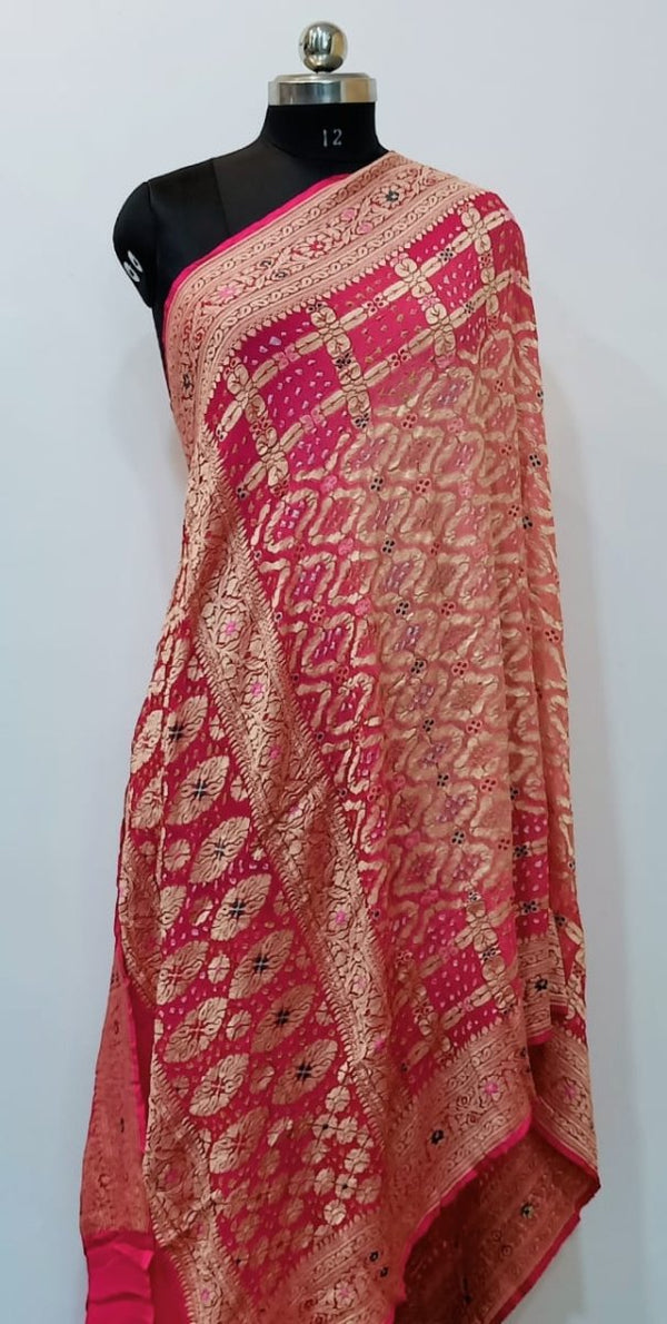 Pure Banarasi Georgette Silk Minakari Neem Zari Handloom Bandhani Dupatta | Red & Peach | - Leheriya