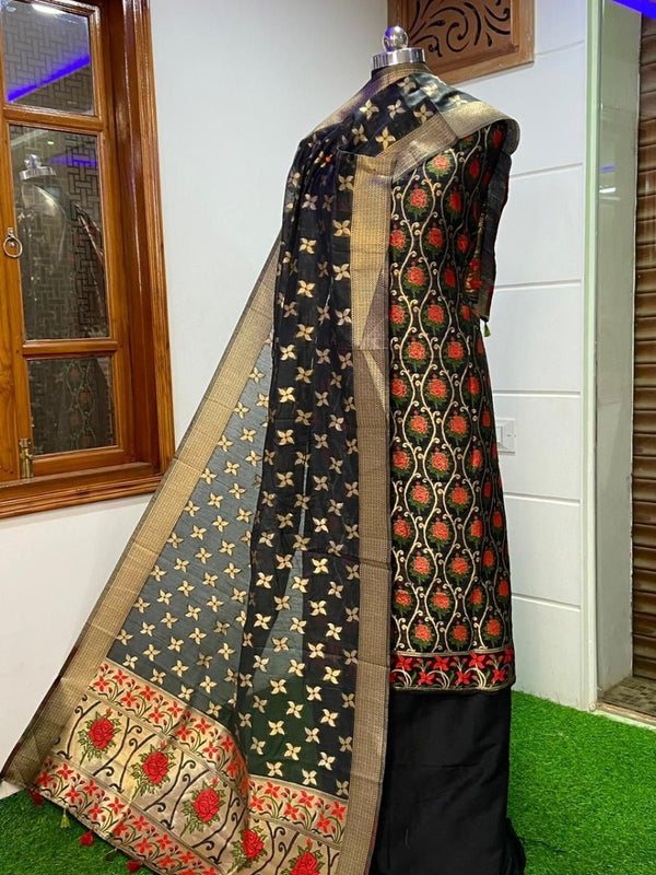 Pure Banarasi Jamdani Tilfi Premium Quality Unstitched Salwar Suit All Over Jacquard Weaving - Leheriya