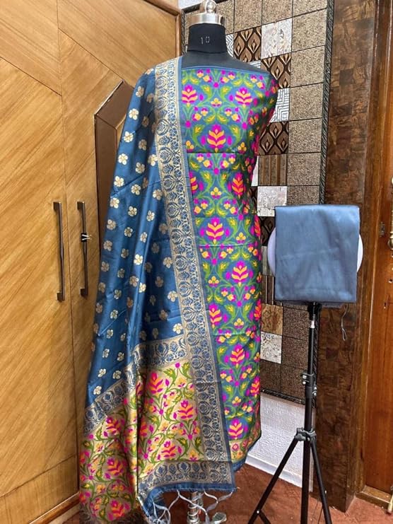 Pure Banarasi Jamdani Tilfi Premium Quality Unstitched Salwar Suit All Over Jacquard Weaving - Leheriya