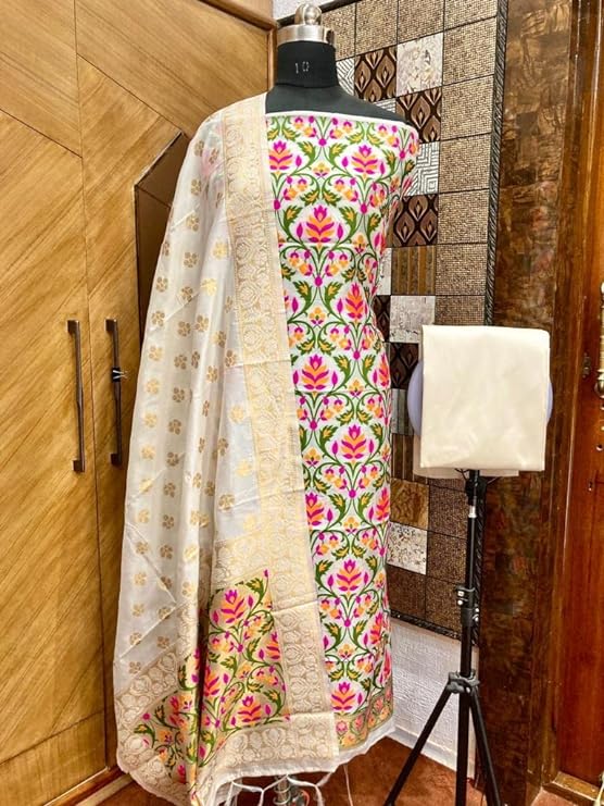 Pure Banarasi Jamdani Tilfi Premium Quality Unstitched Salwar Suit All Over Jacquard Weaving - Leheriya