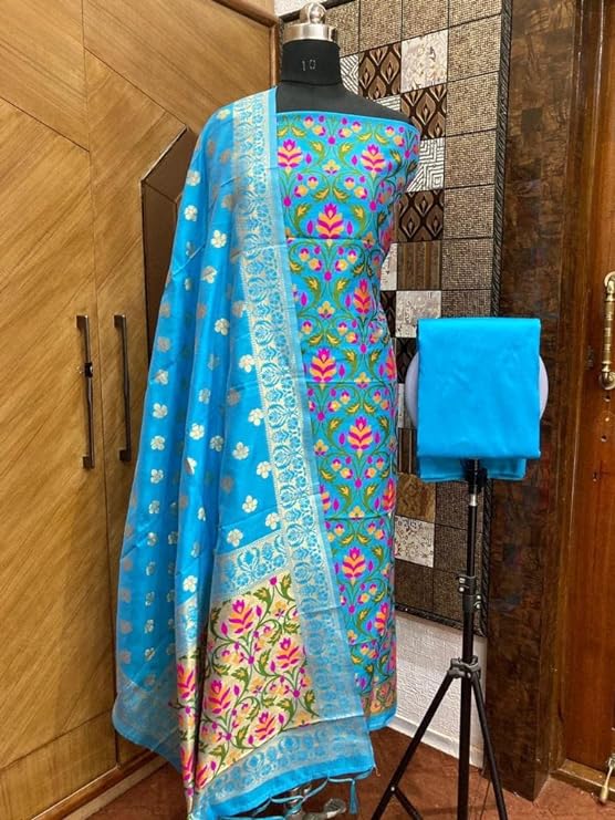 Pure Banarasi Jamdani Tilfi Premium Quality Unstitched Salwar Suit All Over Jacquard Weaving - Leheriya