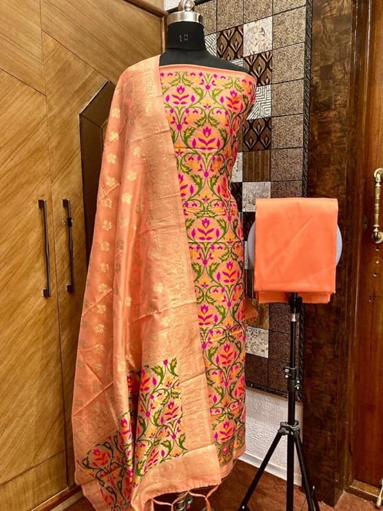 Pure Banarasi Jamdani Tilfi Premium Quality Unstitched Salwar Suit All Over Jacquard Weaving - Leheriya