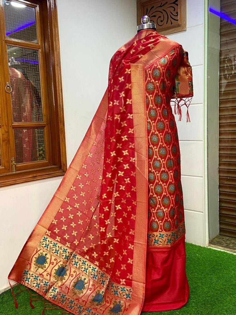 Pure Banarasi Jamdani Tilfi Premium Quality Unstitched Salwar Suit All Over Jacquard Weaving - Leheriya