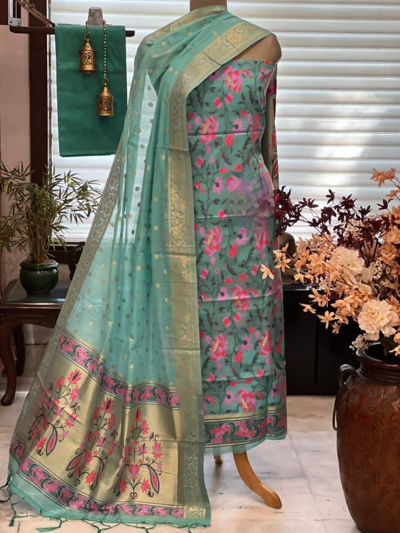 Pure Banarasi Jamdani Tilfi Premium Quality Unstitched Salwar Suit All Over Jacquard Weaving - Leheriya