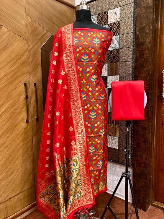 Pure Banarasi Jamdani Tilfi Premium Quality Unstitched Salwar Suit All Over Jacquard Weaving - Leheriya