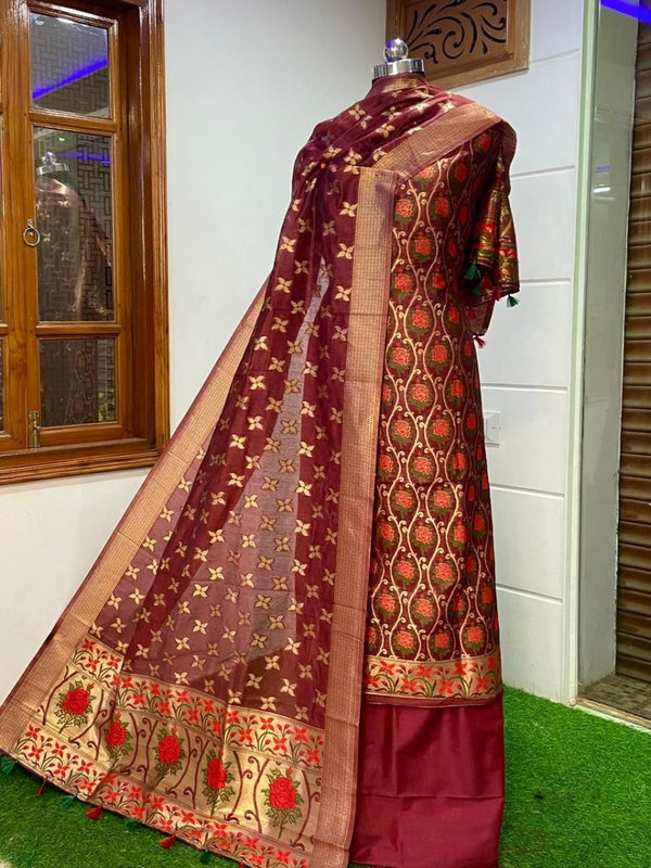 Pure Banarasi Jamdani Tilfi Premium Quality Unstitched Salwar Suit All Over Jacquard Weaving - Leheriya