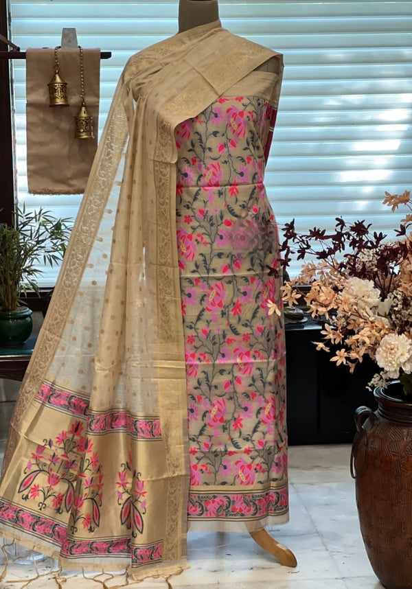 Pure Banarasi Jamdani Tilfi Premium Quality Unstitched Salwar Suit All Over Jacquard Weaving - Leheriya