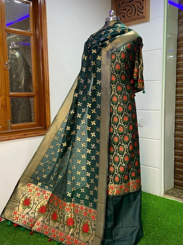 Pure Banarasi Jamdani Tilfi Premium Quality Unstitched Salwar Suit All Over Jacquard Weaving - Leheriya