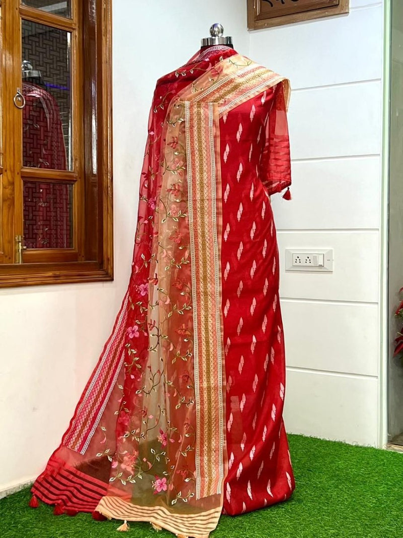 Pure Banarasi Organza Premium Quality Unstitched Salwar Suit - Leheriya