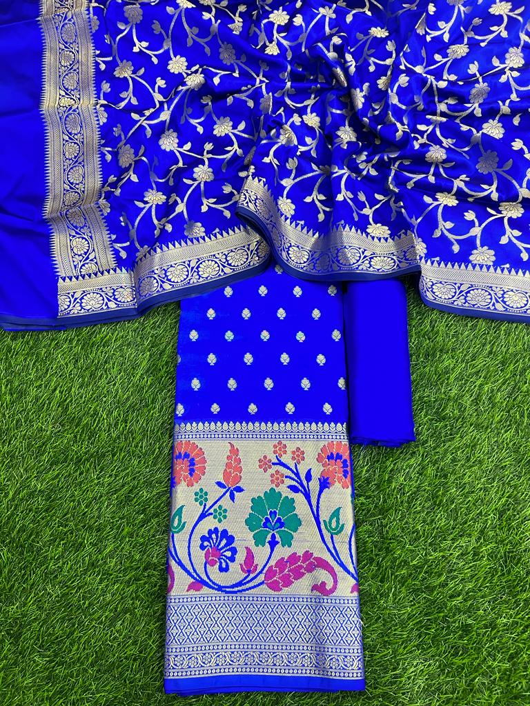 Pure Banarasi Silk Unstitched Suit With Banarasi Dupatta - Leheriya