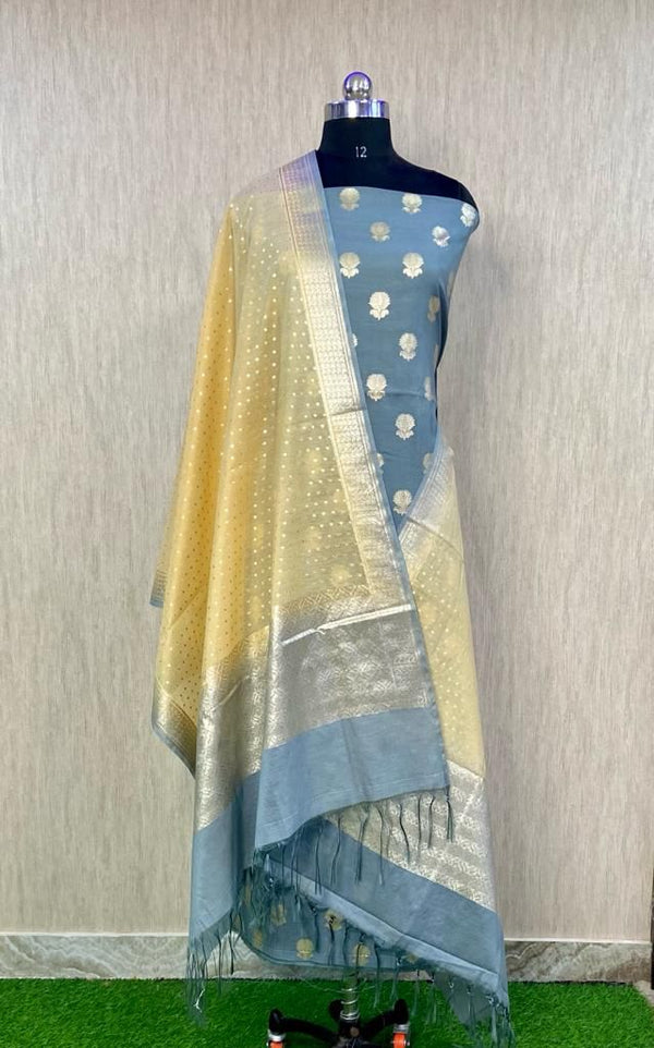 Pure Banarasi Silk Zari Woven Unstitched Suit With Lorex Woven Dupatta - Leheriya