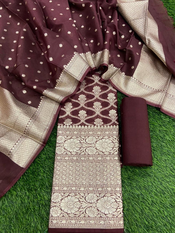 Pure Banarasi Silk Zari Woven Unstitched Suit With Lorex Woven Dupatta - Leheriya