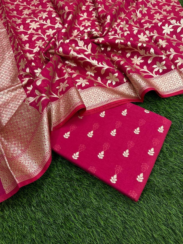 Pure Banarasi Silk Zari Woven Unstitched Suit With Lorex Woven Dupatta - Leheriya