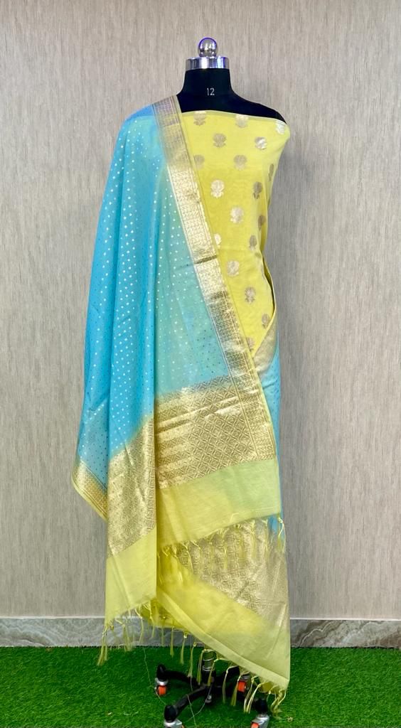 Pure Banarasi Silk Zari Woven Unstitched Suit With Lorex Woven Dupatta - Leheriya