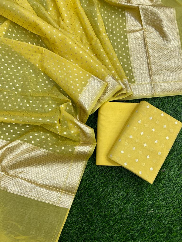 Pure Banarasi Silk Zari Woven Unstitched Suit With Lorex Woven Dupatta - Leheriya