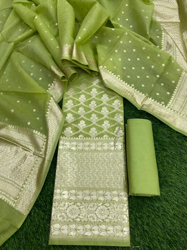 Pure Banarasi Silk Zari Woven Unstitched Suit With Lorex Woven Dupatta - Leheriya