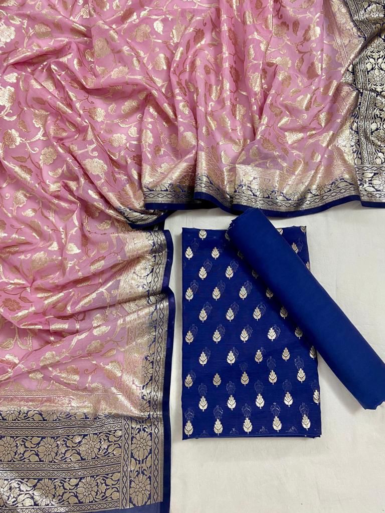 Pure Banarasi Silk Zari Woven Unstitched Suit With Lorex Woven Dupatta - Leheriya