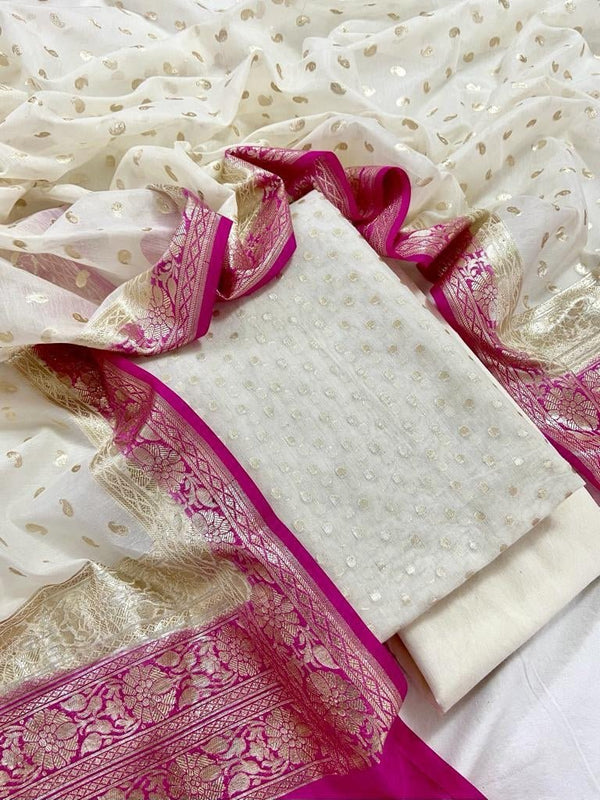 Pure Banarasi Silk Zari Woven Unstitched Suit With Lorex Woven Dupatta - Leheriya