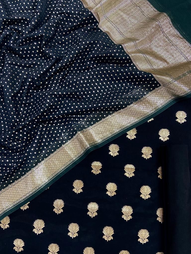 Pure Banarasi Silk Zari Woven Unstitched Suit With Lorex Woven Dupatta - Leheriya