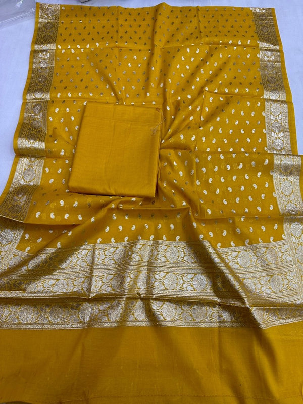 Pure Banarasi Silk Zari Woven Unstitched Suit With Lurex Woven Dupatta - Leheriya