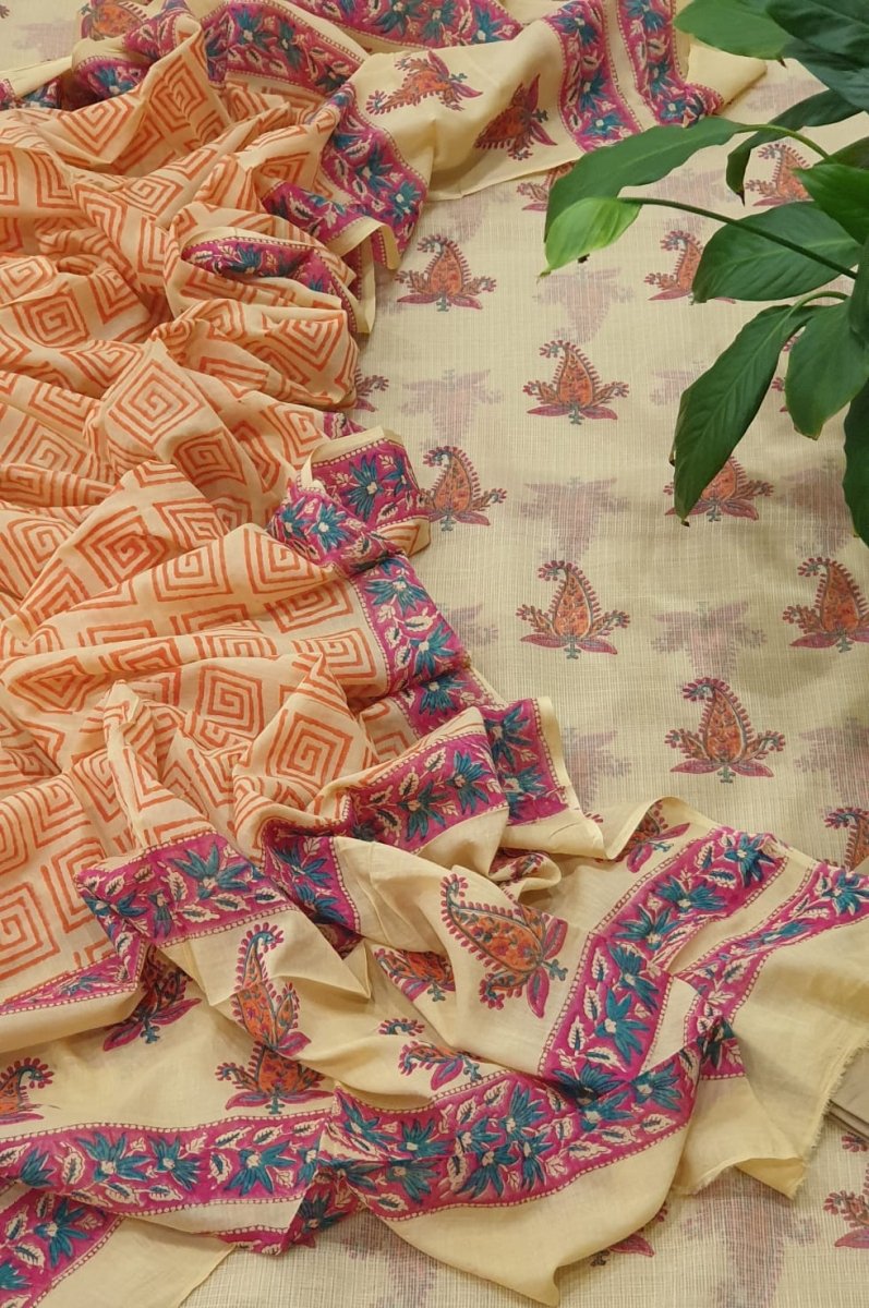 Pure Cotton Hand Block Printed 2 pc Kota Doria Unstitched Salwar Suit - Leheriya